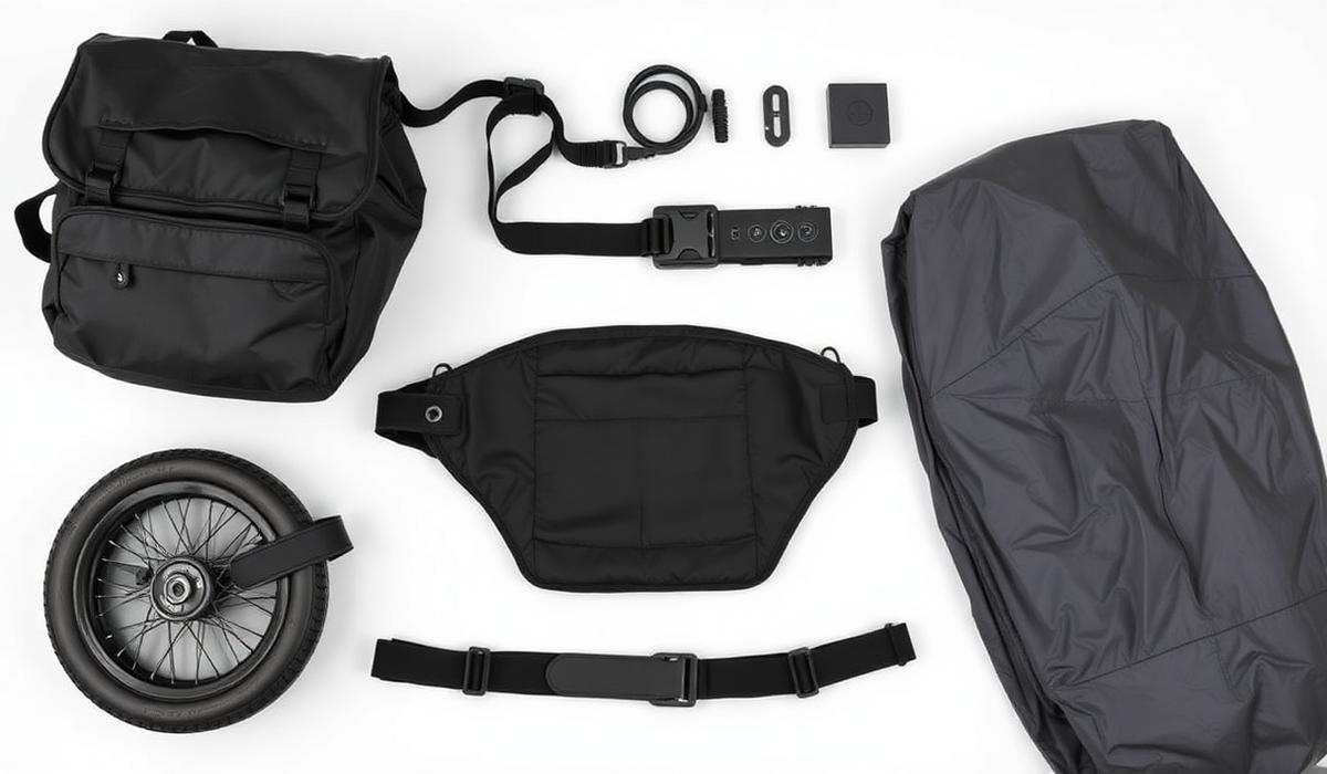 HipStar accessories including cargo bags, hip belt, spare wheel and rain cover